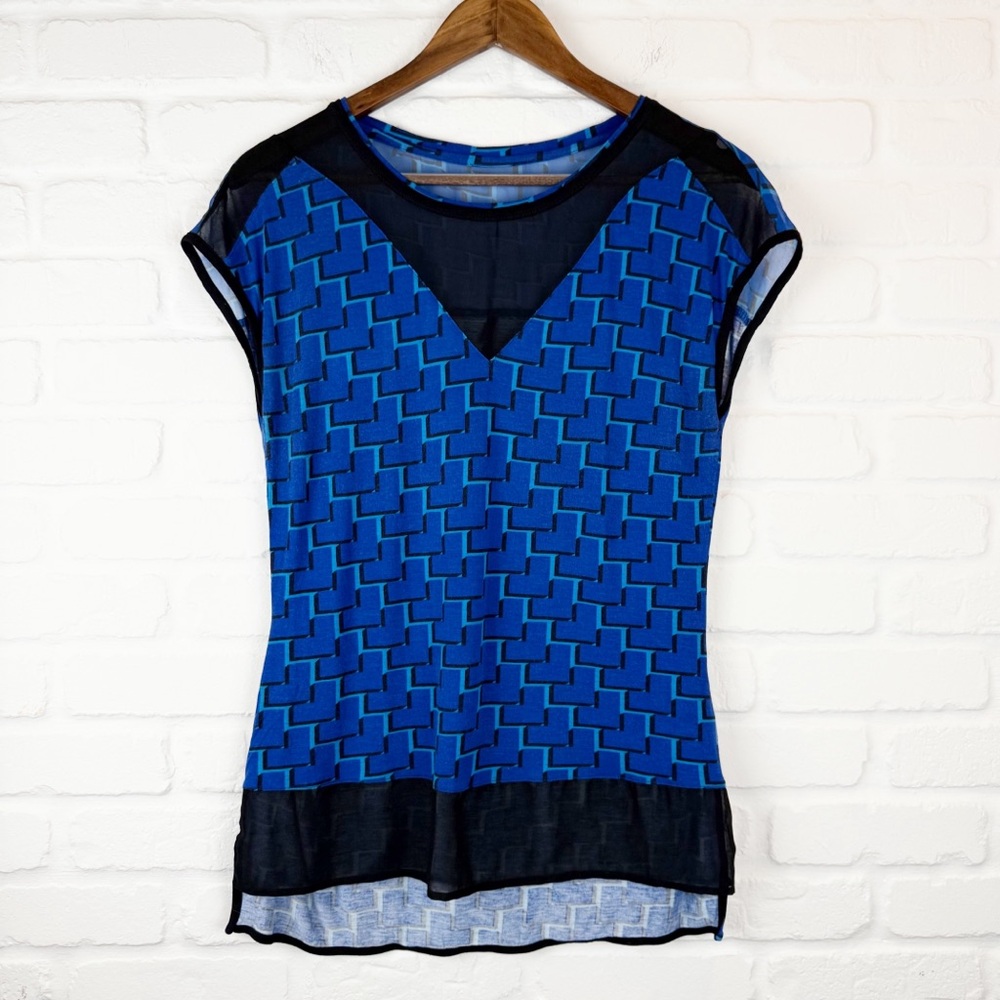 Karen Millen Geometric Print Blue Black Blouse Sheer Insert UK14 Size 10
